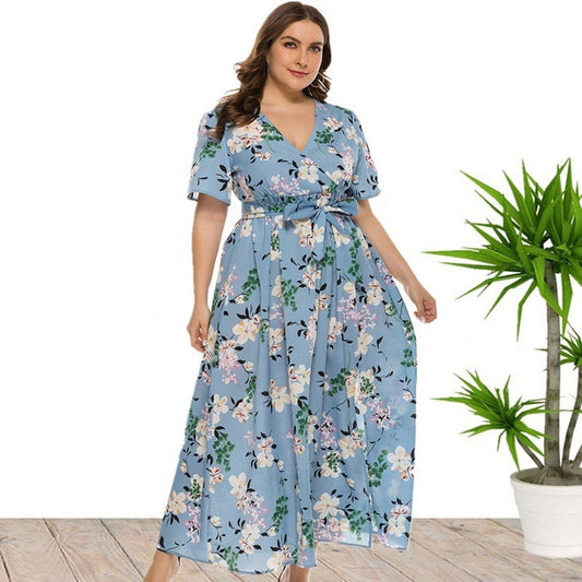 Mid-length Plus Size Dress Ladies Print V-neck 2022 Summer Dress Bohemian