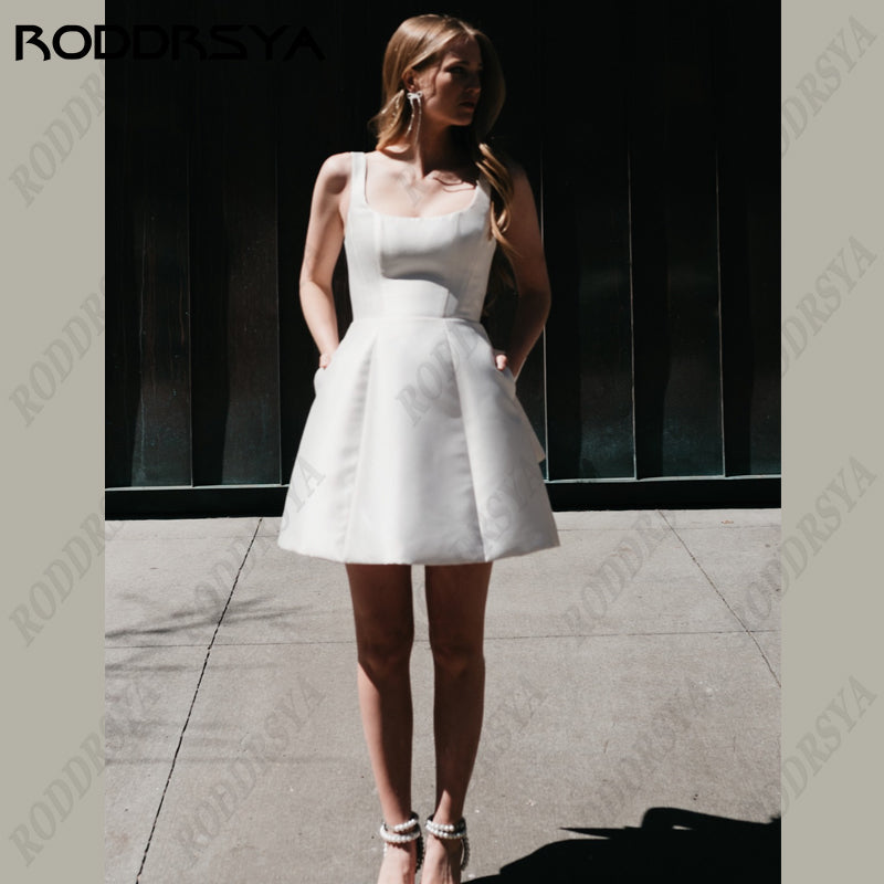 RODDRSYA Short Mini Satin Wedding Dress Square Collar Removable Bow Robe De Mar