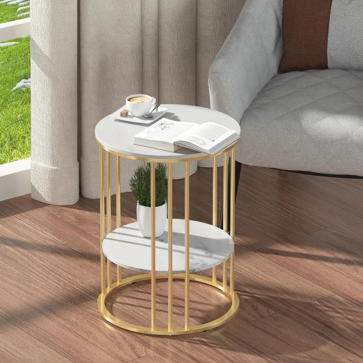Round Marble Accent Table End 2 Tiers Storage Table Gold Metal Frame Nightstand image 5