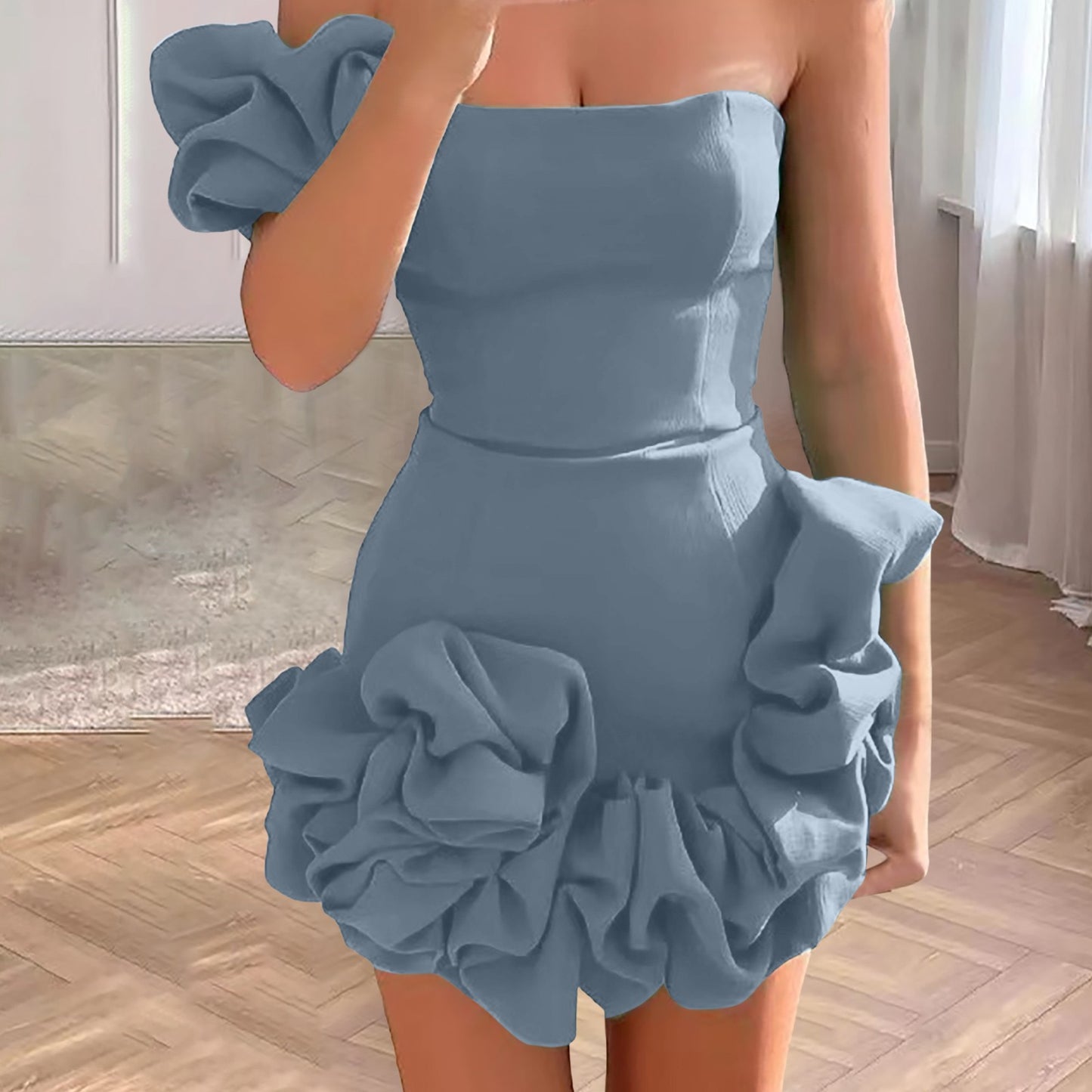 Women 3D Flower Cocktail Dress One Shoulder Party Evening Dresses For W