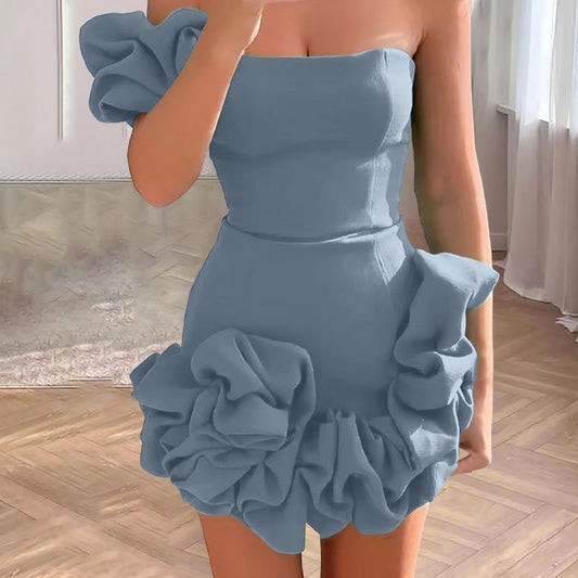 Women 3D Flower Cocktail Dress One Shoulder Party Evening Dresses For W