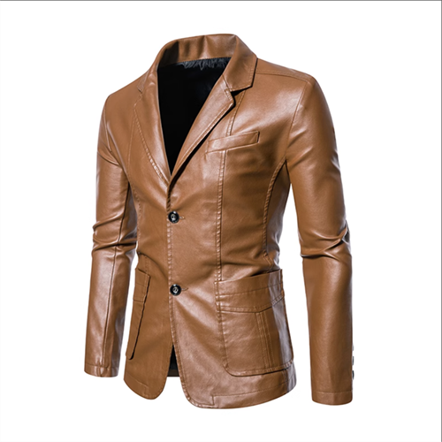 2024 New Men Business Casual Leather Jacket Black / khaki Fashion Male Suit Col