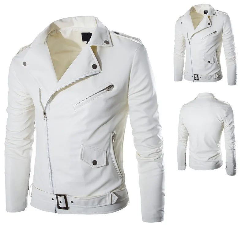 Fashion  PU Leather Jacket Men Buckle Zip Lapel Collar British  Black White Pun image 4