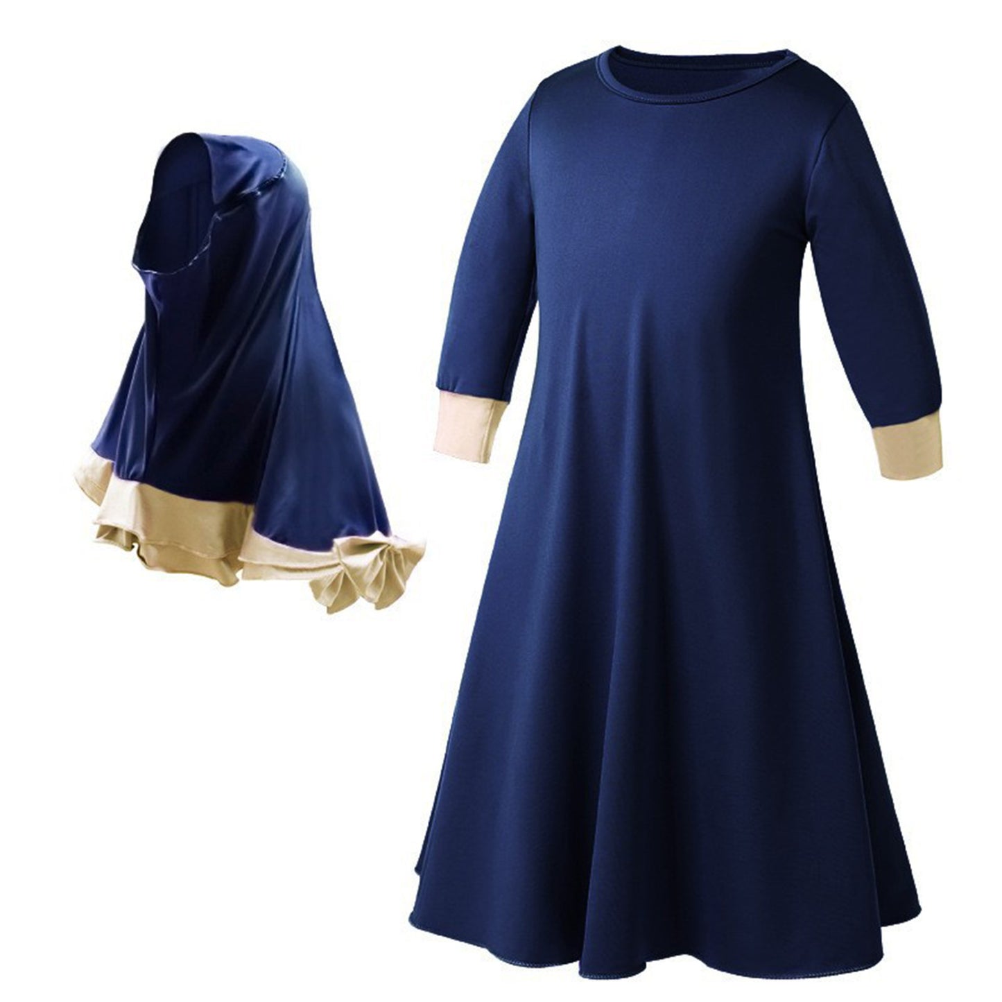 2 PCS Muslim Kids Girls Kaftan Abaya Islamic Dress Hijab Scarf Long Sleeve Maxi image 3
