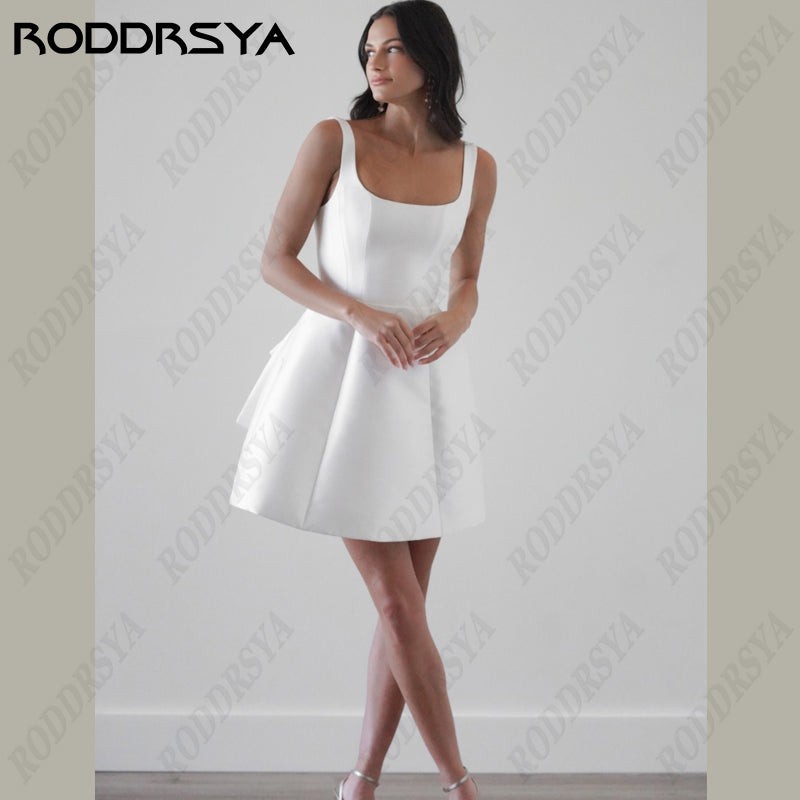 RODDRSYA Short Mini Satin Wedding Dress Square Collar Removable Bow Robe De Mar image 6