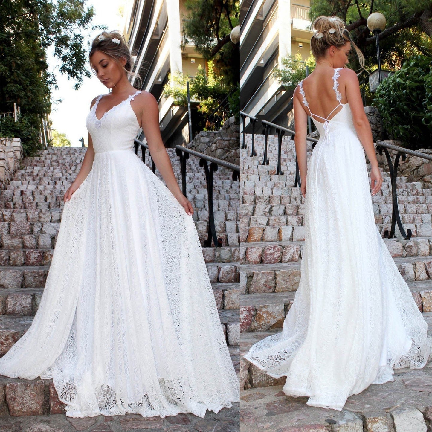  Sleeveless White Lace Dresses Women Spaghetti Strap Bohemian Beach Dresses image 3