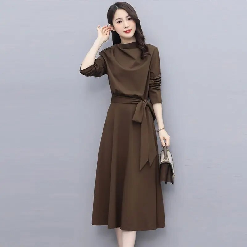 Long Sleeves Dresses Spring Autumn Solid Color Fashion Dress Women Midi Elega