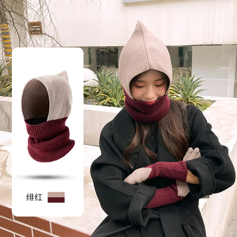 Winter Women Men's Knitted Cotton Hat Scarf Color Matching Two-color Balaclava image 4