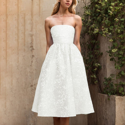 Strapless Party Dresses for Women's Summer  Off Shoulder Jacquard Mid