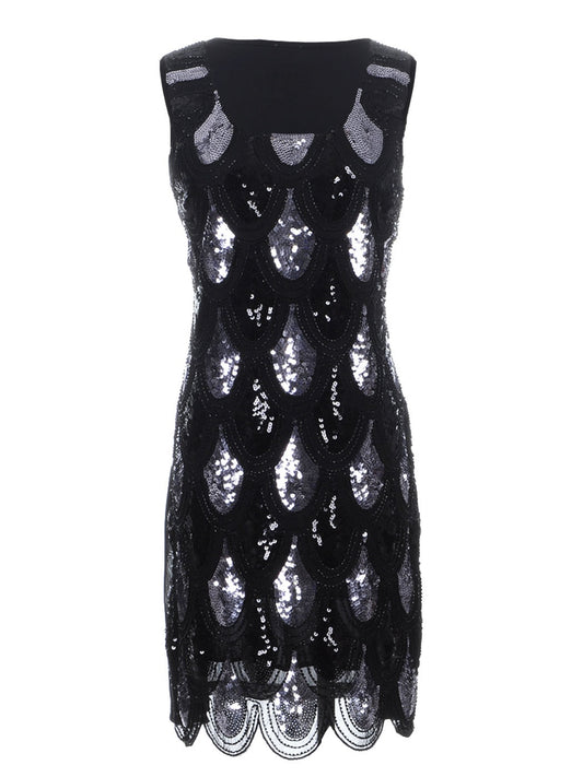 Women Fit Scalloped Hem Shimmer Sequin Fish Scale Embellished Look Dress Solid image 0