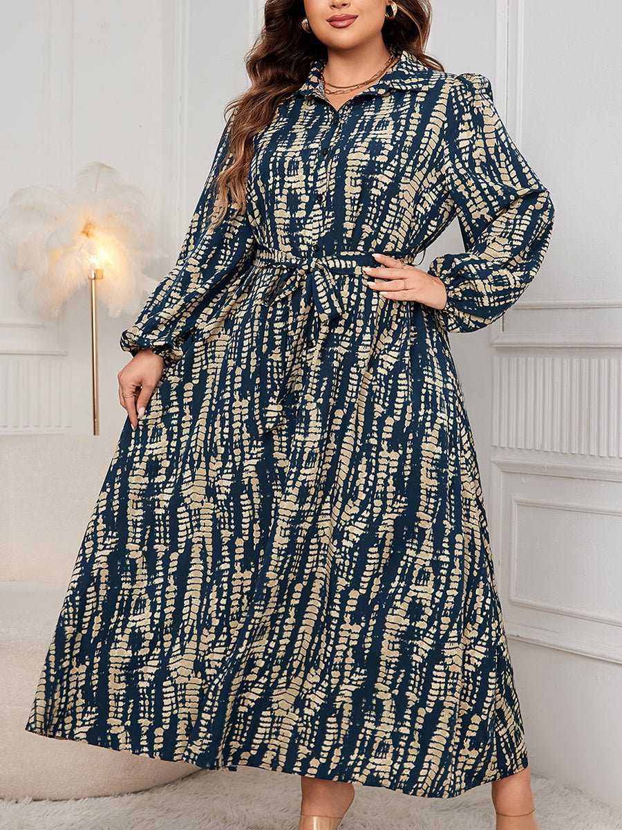 Women s Plus Size Floral Print V-Neck Long Sleeve Maxi Dress with Belt and Pock image 4