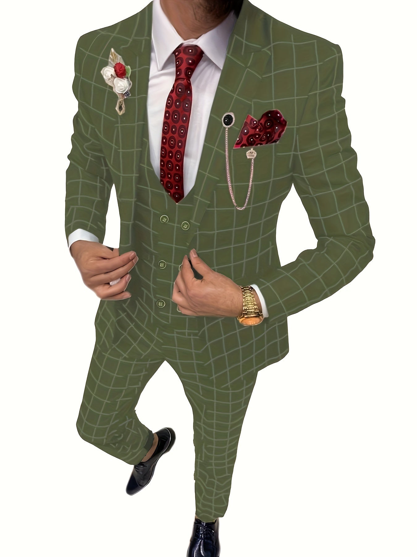 Elegant Men's Suit 3 Pieces Plaid Tuxedos Business Suits Slim Fit Double Breast image 4