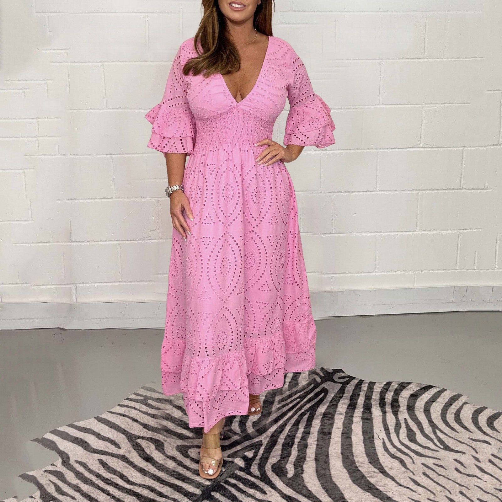 Women's Elegant V-neck White Hollow Out Party Long Dress Summer 2024 New Casual image 6