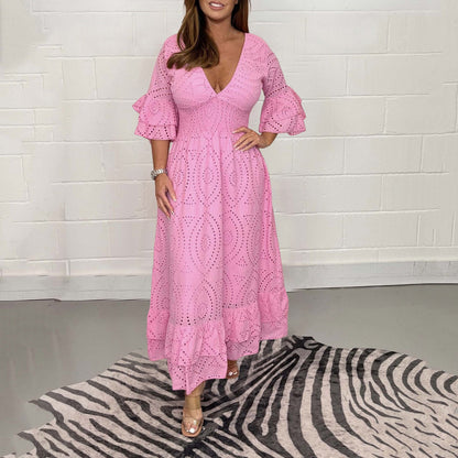 Women Elegant V-neck White Hollow Out Party Long Dress Summer 2024 New Casual image 6