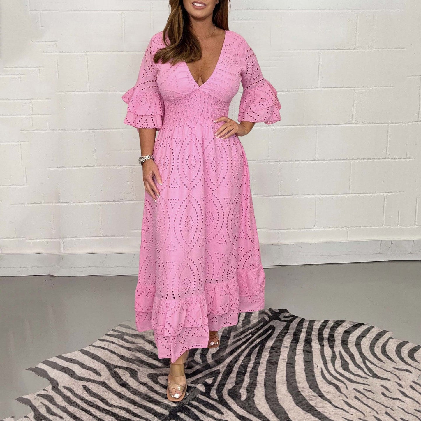 Women  V-neck White Hollow Out Party Long Dress Summer 2024 New Casual