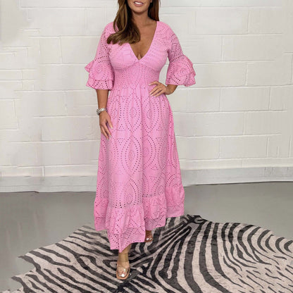 Women's  V-neck White Hollow Out Party Long Dress Summer 2024 New Casual