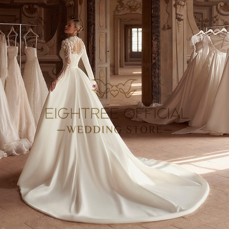 Eightree Formal Mermaid Wedding Dresses White Long Sleeve Appliques Satin Weddi