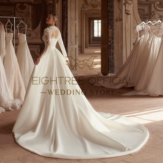 Eightree Formal Mermaid Wedding Dresses White Long Sleeve Appliques Satin Weddi