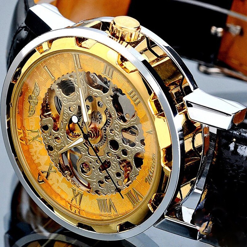 Men Mechanical Wrist Watch With Black Leather Strap 1pc Luxury Fashion Stainles image 2