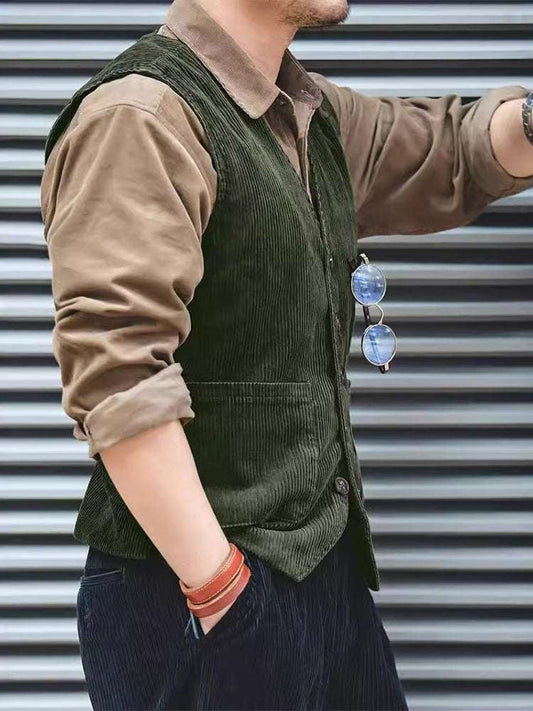 Autumn Vintage Sleeveless Cargo Vest Jackets Men'S Corduroy Solid Color V Neck W