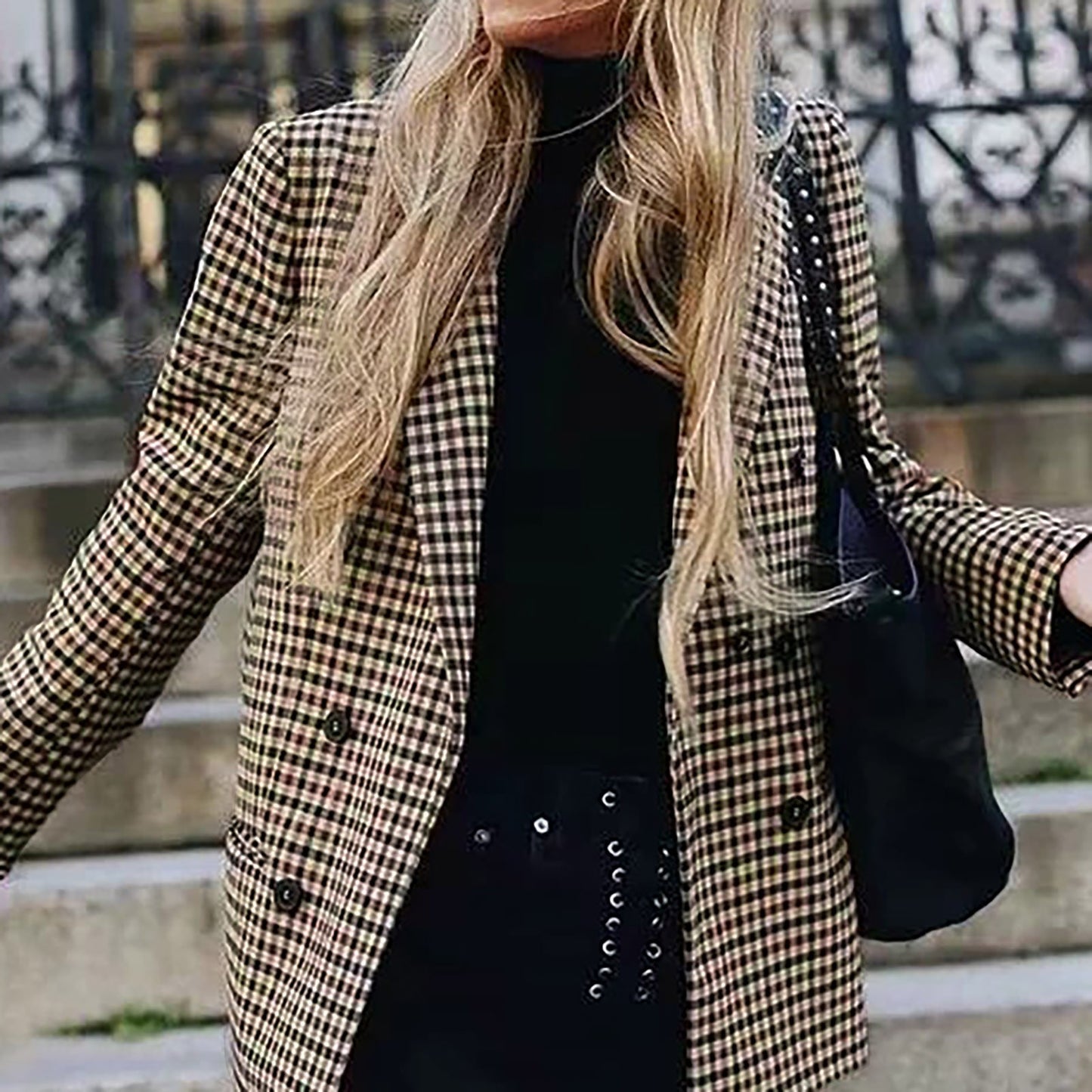 Ladies' Autumn And Winter Double Breasted Lapel Long Sleeved Checkered Suit Jac image 3