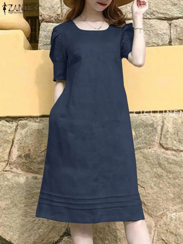 Women Summer Dress Fashion O Neck Holiday Sundress ZANZEA Elegant Cotton Dresse