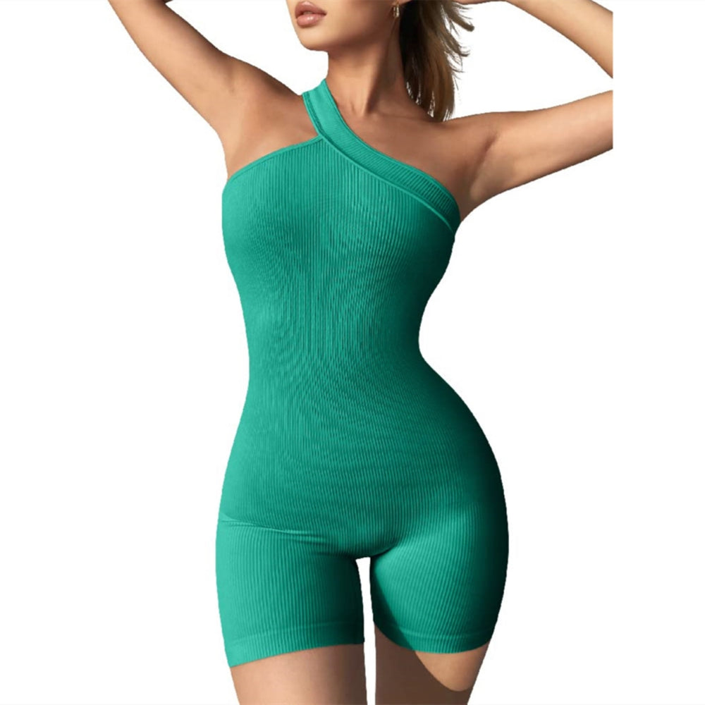 Women's One-Piece Yoga Fitness Shorts Jumpsuit Fashion One Shoulder Solid Ribbe image 4