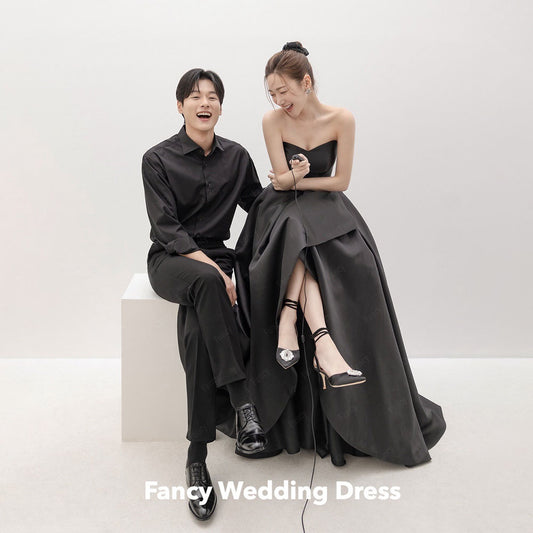 Fancy Black V Neck Korea Wedding Dress Sleeveless A Line Satin Bridal Go