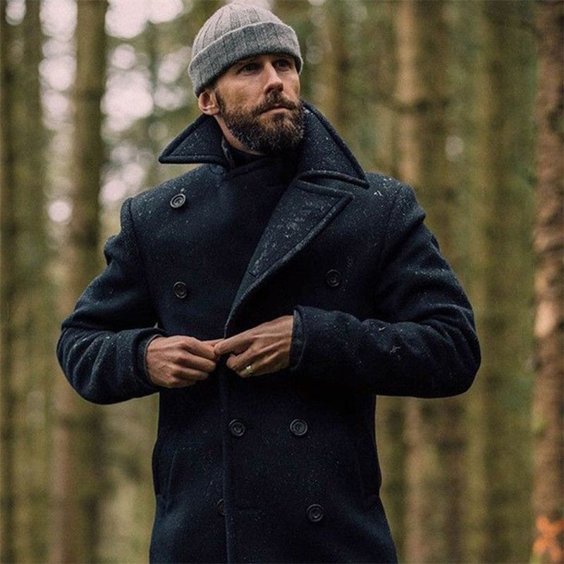 Men Winter Woolen Coats with Lapel Neck Long Sleeve Double Breasted B