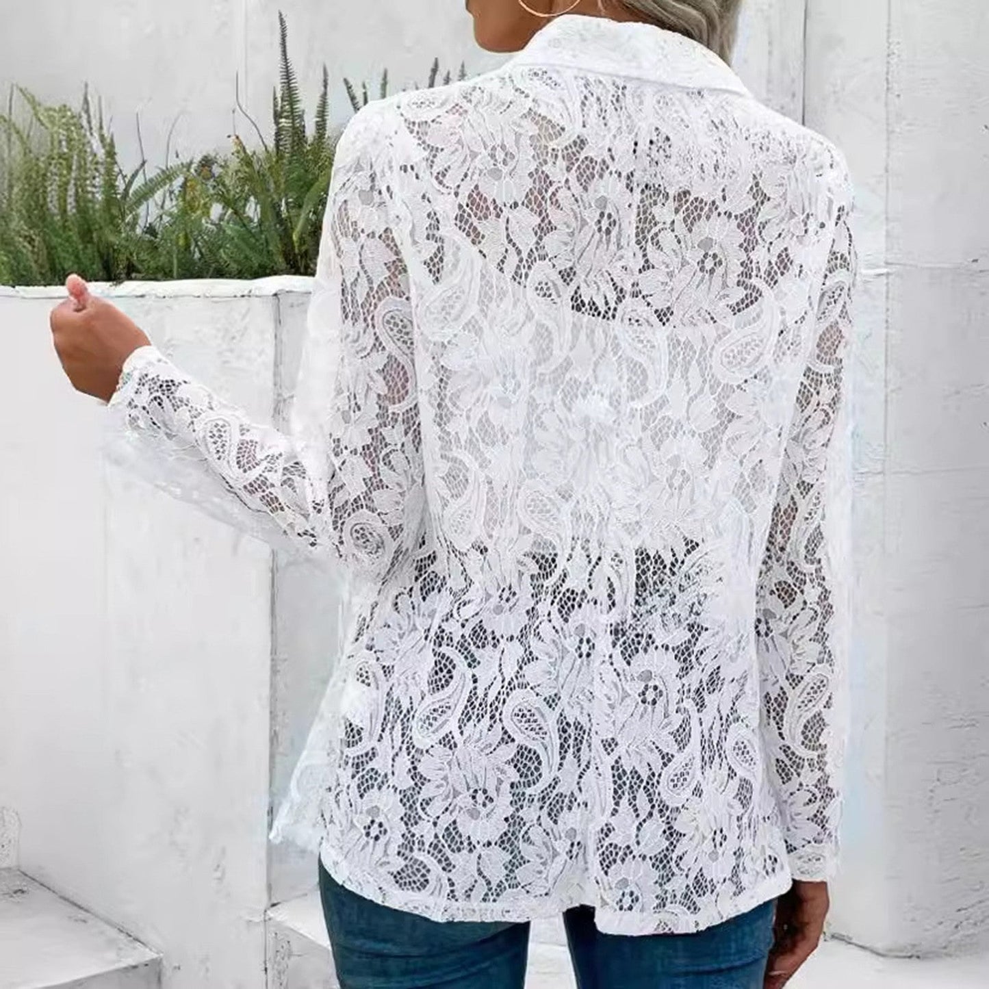 White Lace Hollow Out Women'suit Coat Solid Open StitBlazers Outdoor Forma