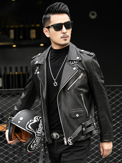Spring Autumn Short Cool Black Leather Biker Jacket Men Zipper Long Sleeve Belt image 1