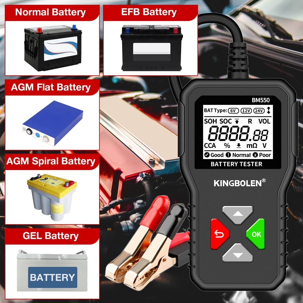 KINGBOLEN BM550 Car Battery Tester 6V 12V 24V 100-2000 CCA Battery System Detec image 3