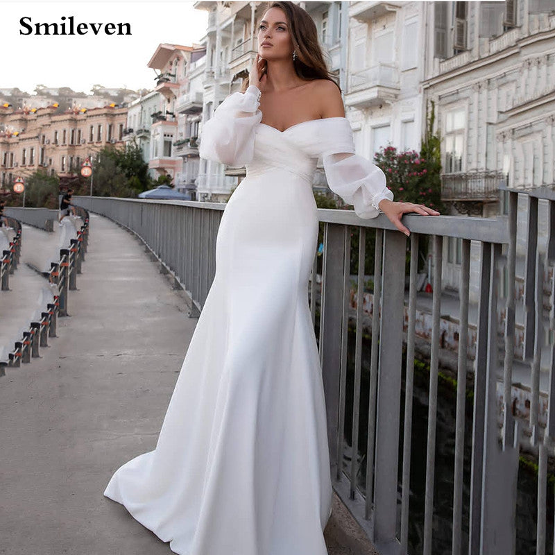 Smileven Satin Mermaid Wedding Dresses Long Fuff Sleeve Sexy Lace Beach Bride D image 1