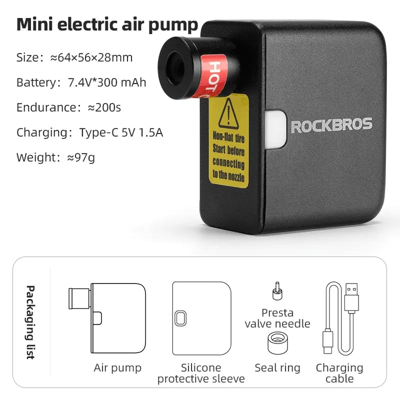 ROCKBROS Mini Electric Air Pump Portable 100PSI Rechargeable Compressor Tire In image 3
