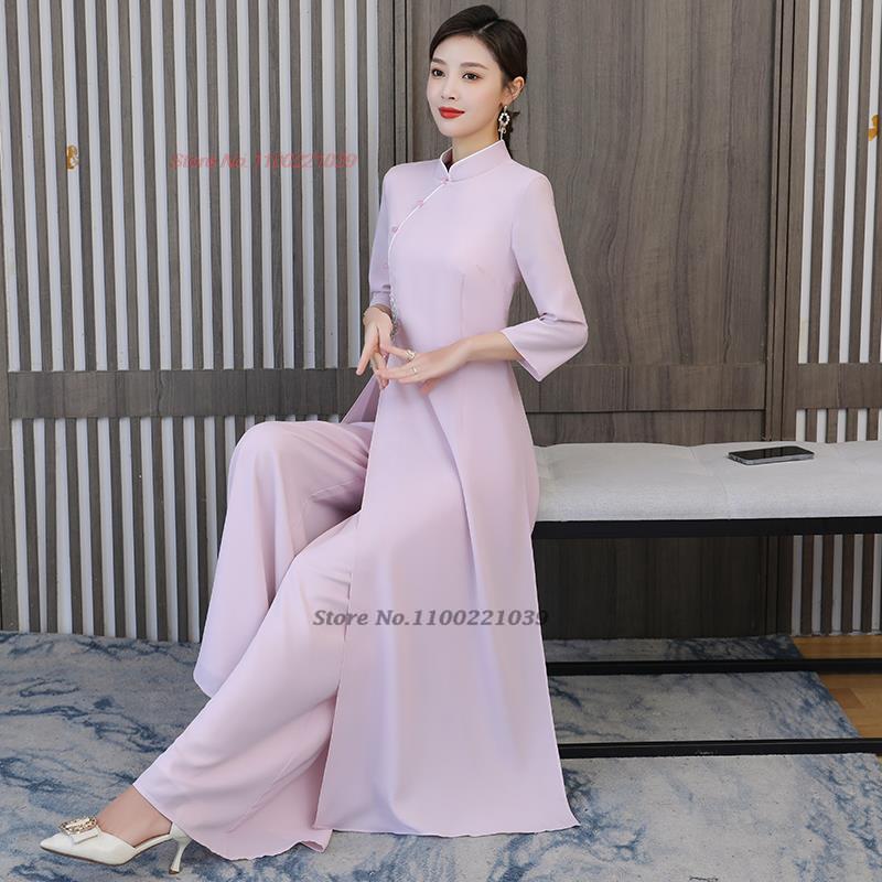 2024 traditional vietnam ao dai vintage dress+pants set national flower embroid