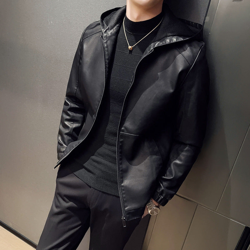 Autumn Men's Vintage Hooded PU Leather Jacket Fashion Motorcycle Windproof Outw image 1