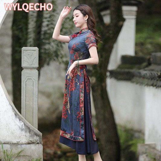 Vintage Vietnam Traditional Ao Dai Flower Print Chiffon Long Cheongsam Chinese