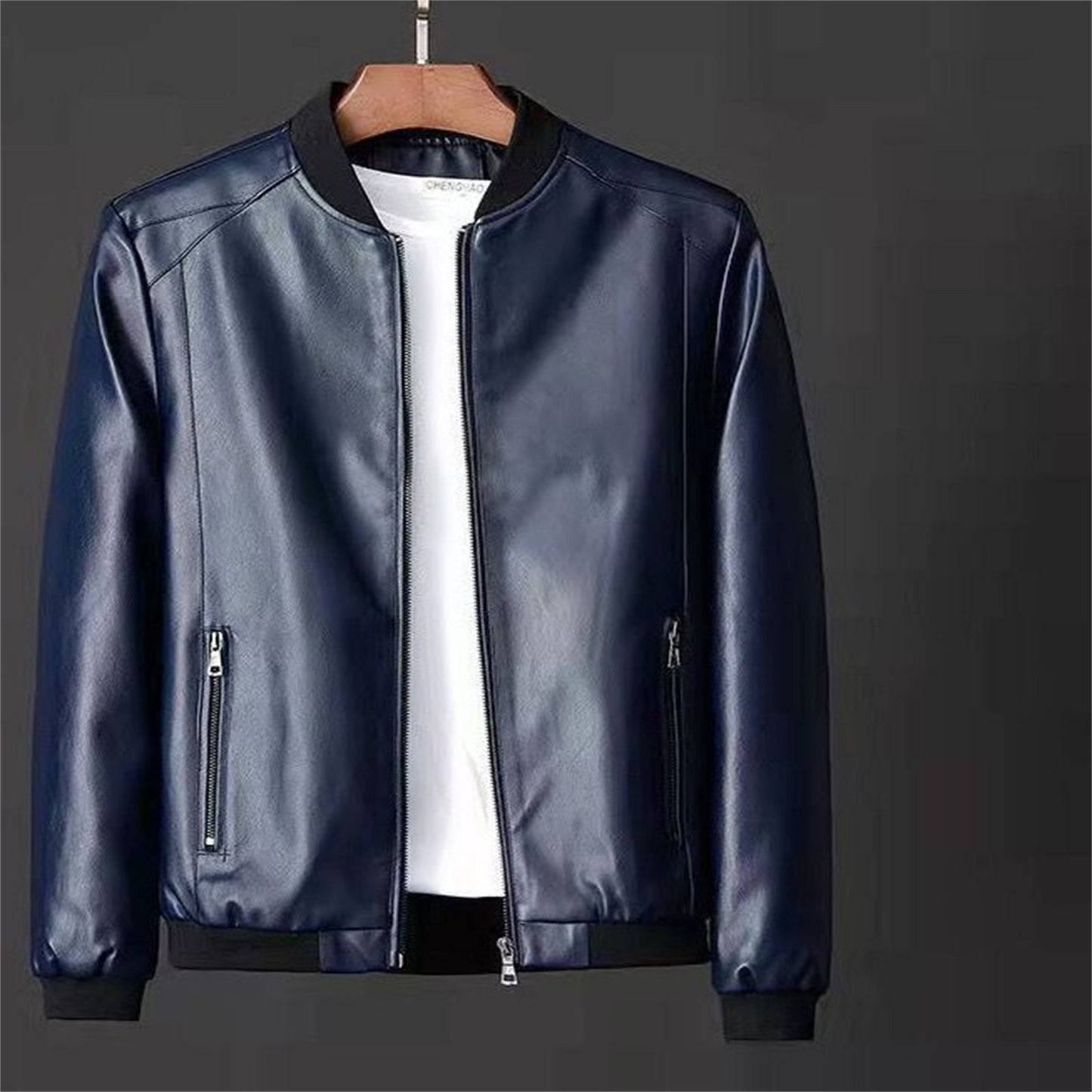 Men's Fashion Solid Color Zipper Leather Coat Autumn Winter New Casual Outerwea image 2