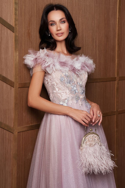 Glitter Pink Tulle Homecoming Dresses for Women with Ruffles Short Sleeve Tea-L image 1