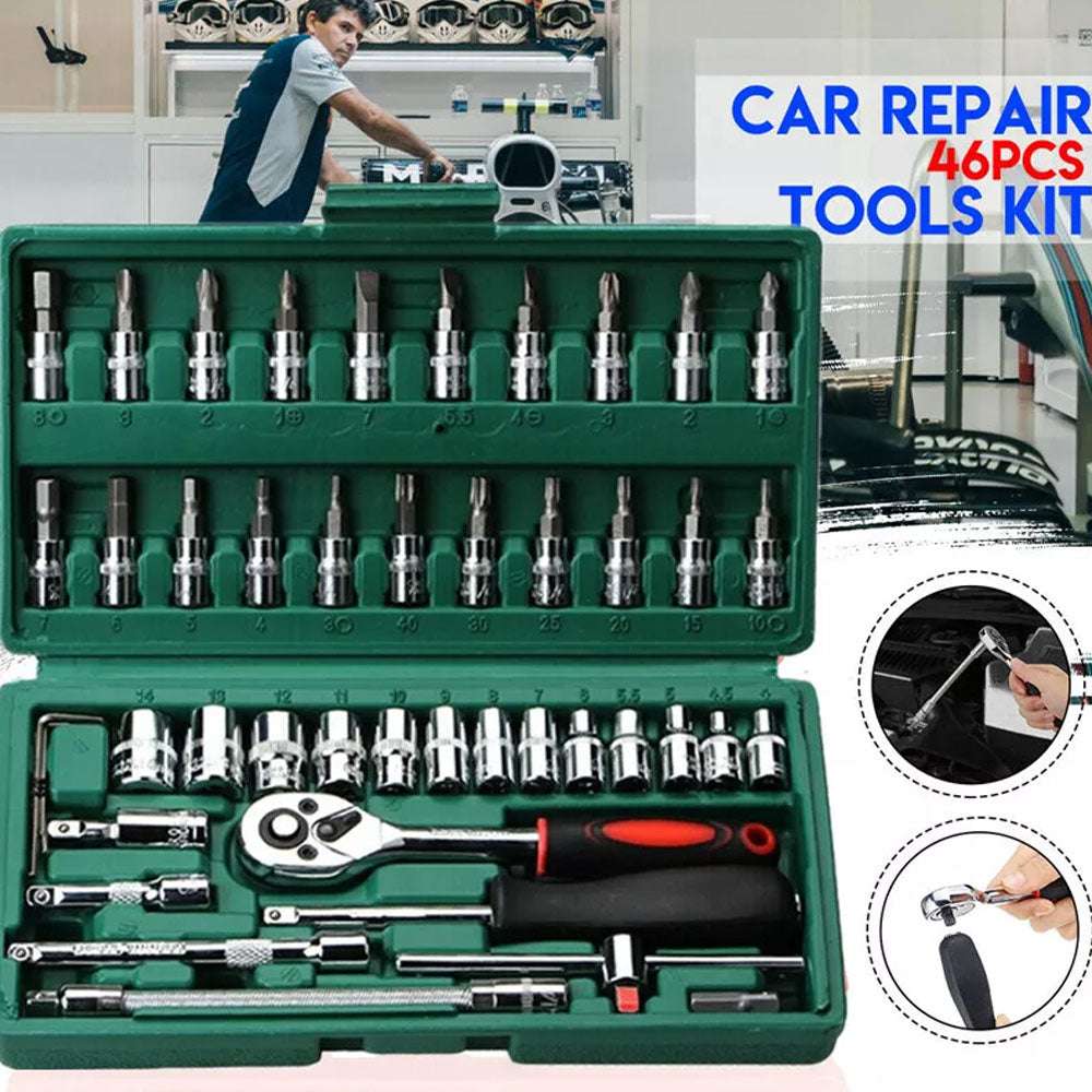 46pcs Spanner Socket Ratchet WrenSet 1/4" Drive Metric Hex Bit Socket Set Me