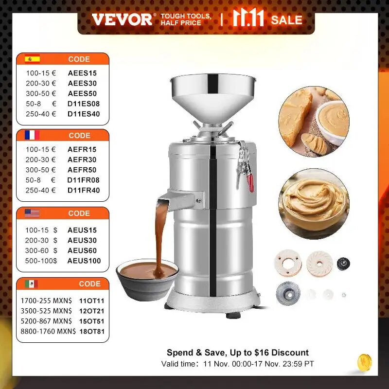 VEVOR 15Kg/H Peanut Butter Maker 1100W Electric Commercial Walnuts Nuts Stuff G image 1