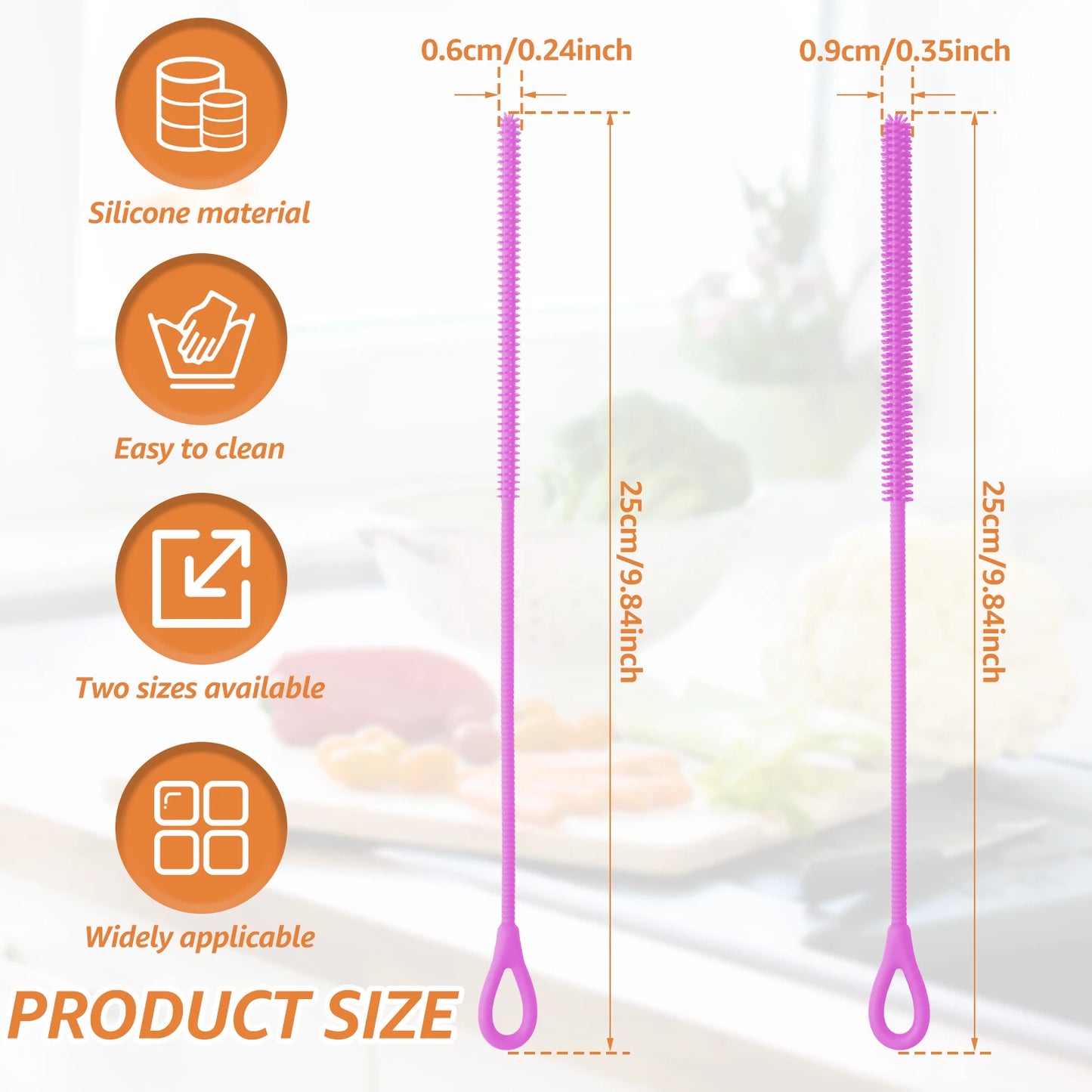 2 Pcs 6mm and 9mm Silicone Straw Brushes Reusable Straws Deep Cleaning Brush Lo image 2