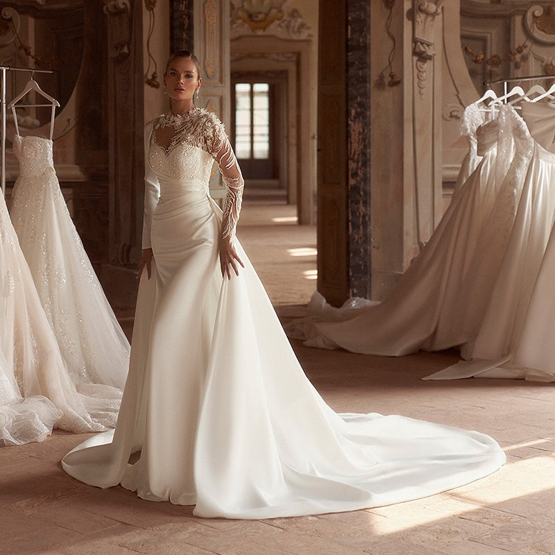 Eightree Formal Mermaid Wedding Dresses White Long Sleeve Appliques Satin Weddi image 1