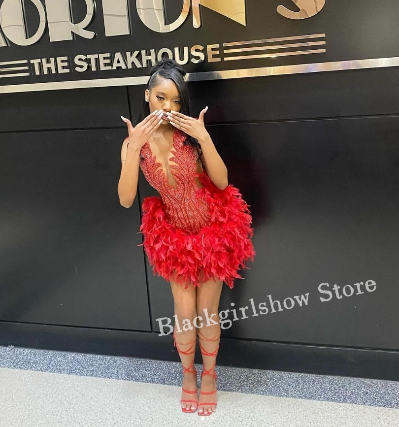  Feather Short Homecoming Party Dress For Black Girls Red Crystal Applique