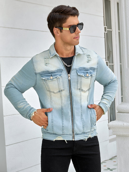 Men denim stretjacket, zipper style, fashion wash, street rock sty