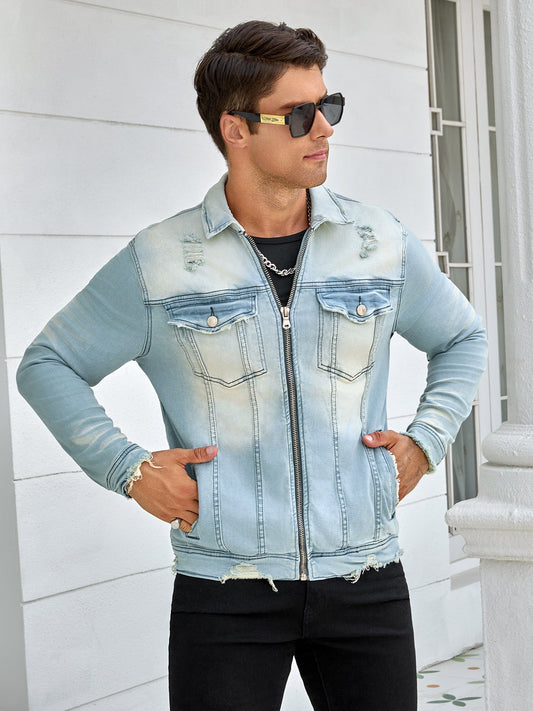 Men denim stretjacket,  zipper style, fashion wash, street rock sty