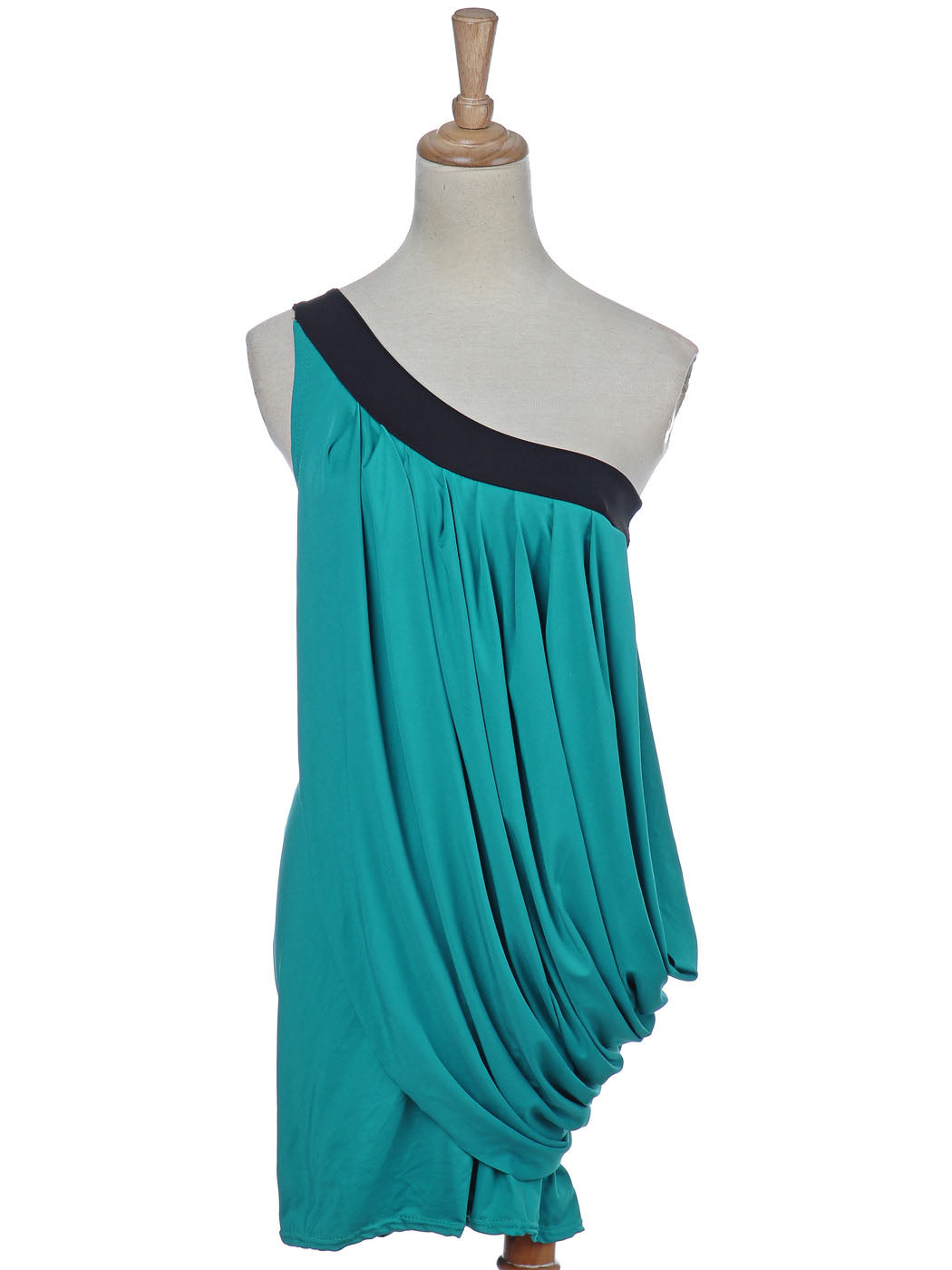 Fashion Women's Blue Green Asymmetrical One Shoulder Drape Wrap Short Mini Dress image 3