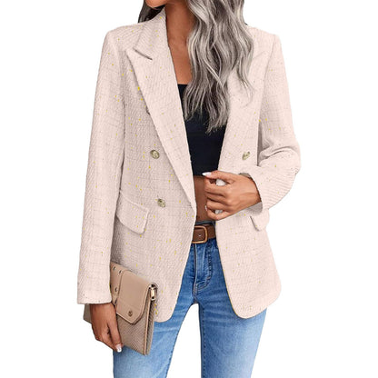 Women Fashion Tweed Double Breasted Blazer Coat Vintage Long Sleeve Flap Pocket image 2