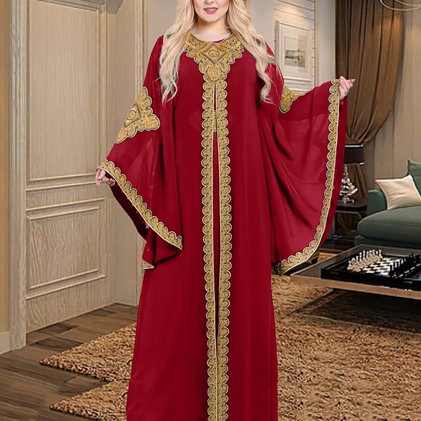 Party Dresses for Women Abaya Muslim Caftan 2 Piece Set Eid Flare Sleeves Robe image 5