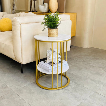 Round Marble Accent Table End 2 Tiers Storage Table Gold Metal Frame Nightstand image 3